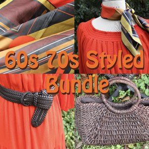 60s 70s Fall Peasant Dress Bundle Medium Straw Bag